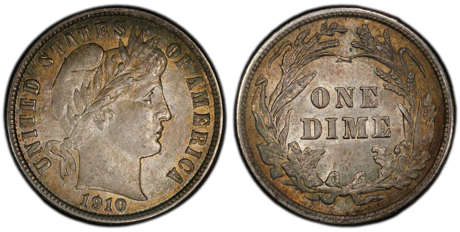 1910 Barber Dime ~ *Toned* ~ Graded PCGS MS62