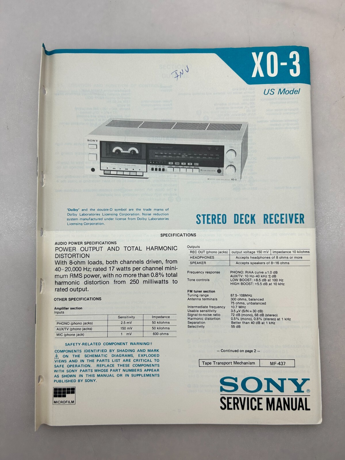 Sony XO-3 Original Service Manual Free Shipping