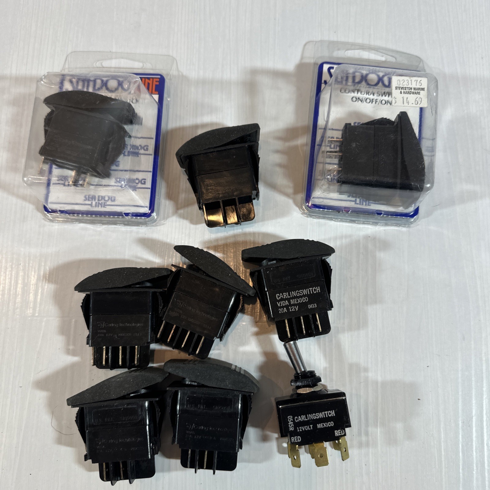 Lot of 9 Carling / Sea-Dog 12V 20A Switches — 2 New in Package + 7 Untested