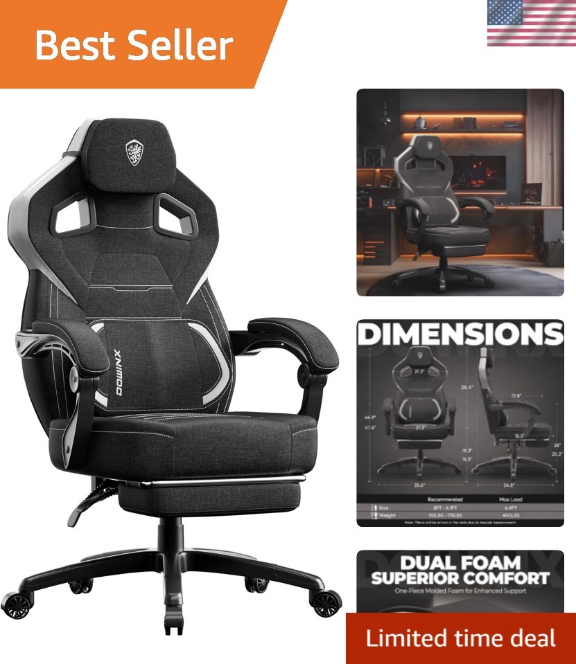 Fabric Gaming Chair with Footrest, Big and Tall Ergonomic Gamer Chair with Lu...