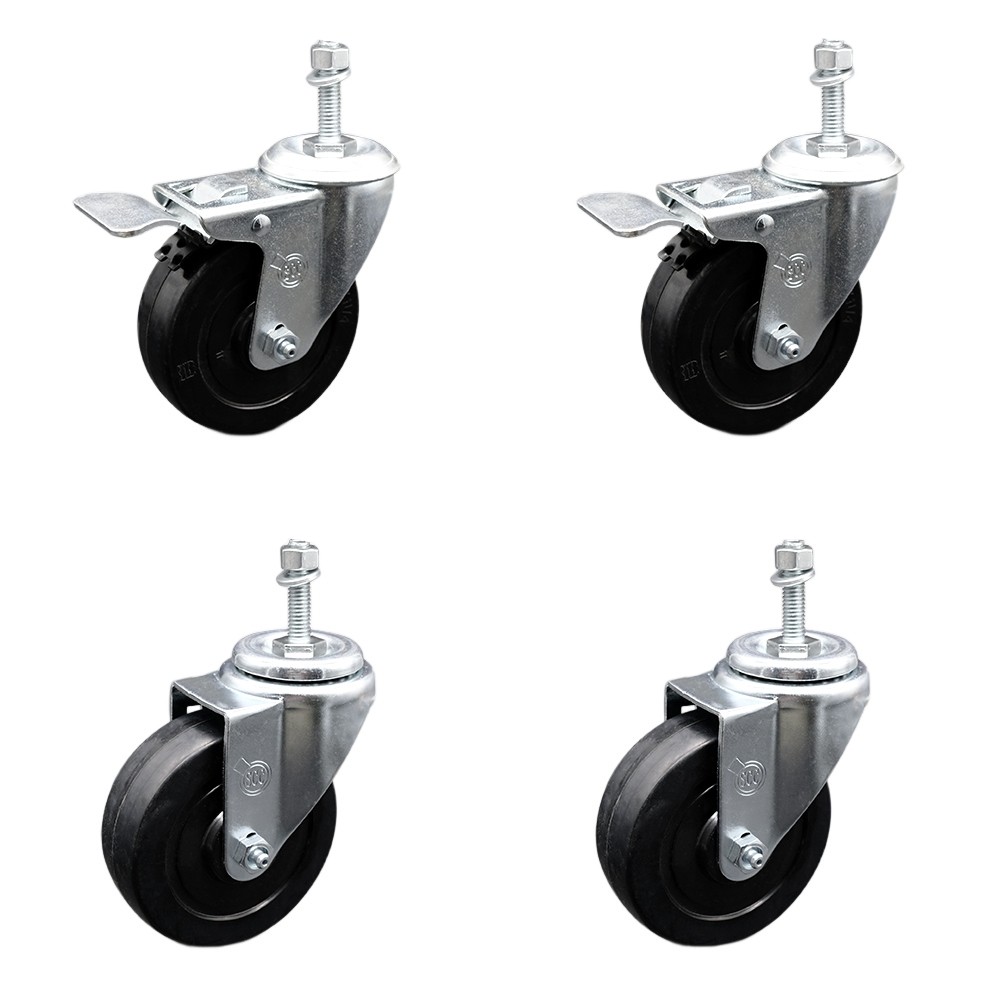 4 Inch SS Soft Rubber 3/8 Inch Threaded Stem Caster Set 2 Total Lock Brake SCC
