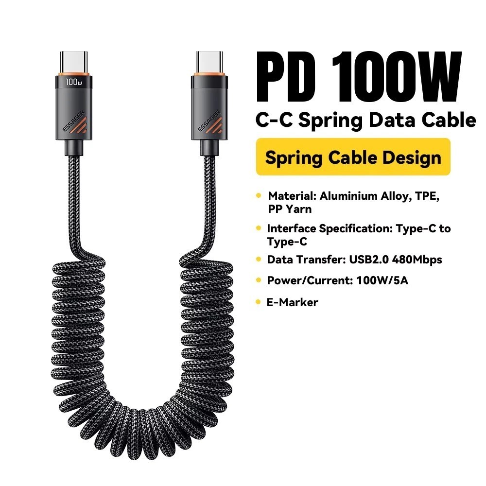 100W USB-C to USB-C Car Charger Cable Coiled Spring Fast Charging PD Type-C ¢