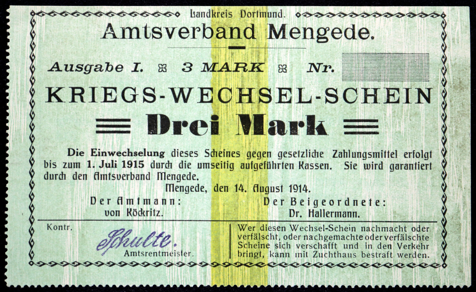 MENGEDE 1914 3 Mark w/o serial Early WWI German Notgeld