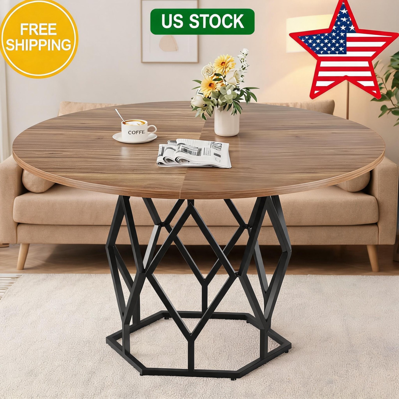 47'' Round Dining Table,Rust-Proof Metal Base, Stable Streamlined Design for 4-6