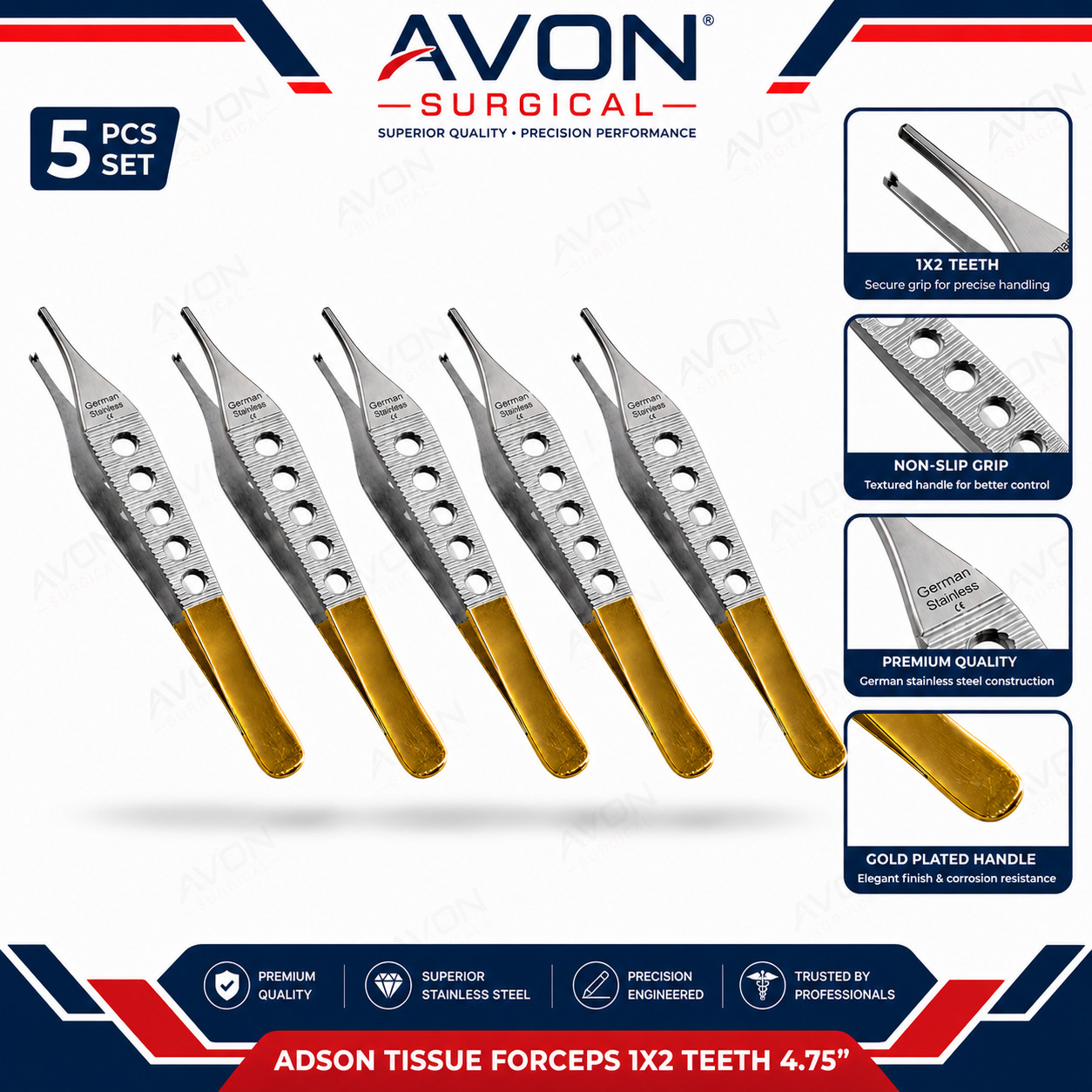 NEW GERMAN 5 PCS ADSON FINE TISSUE PLASTIC SURGERY FORCEP 1X2T W/ FENESTRATED