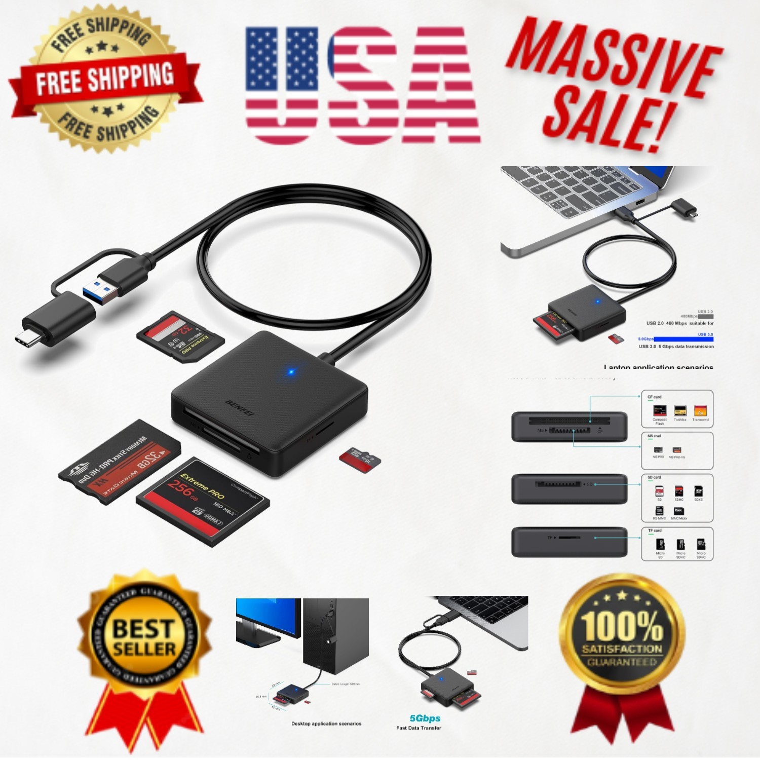 Memory Card Reader, Benfei 4In1 Usb 3.0 And Usb-c To Sd Micro Sd Ms Cf