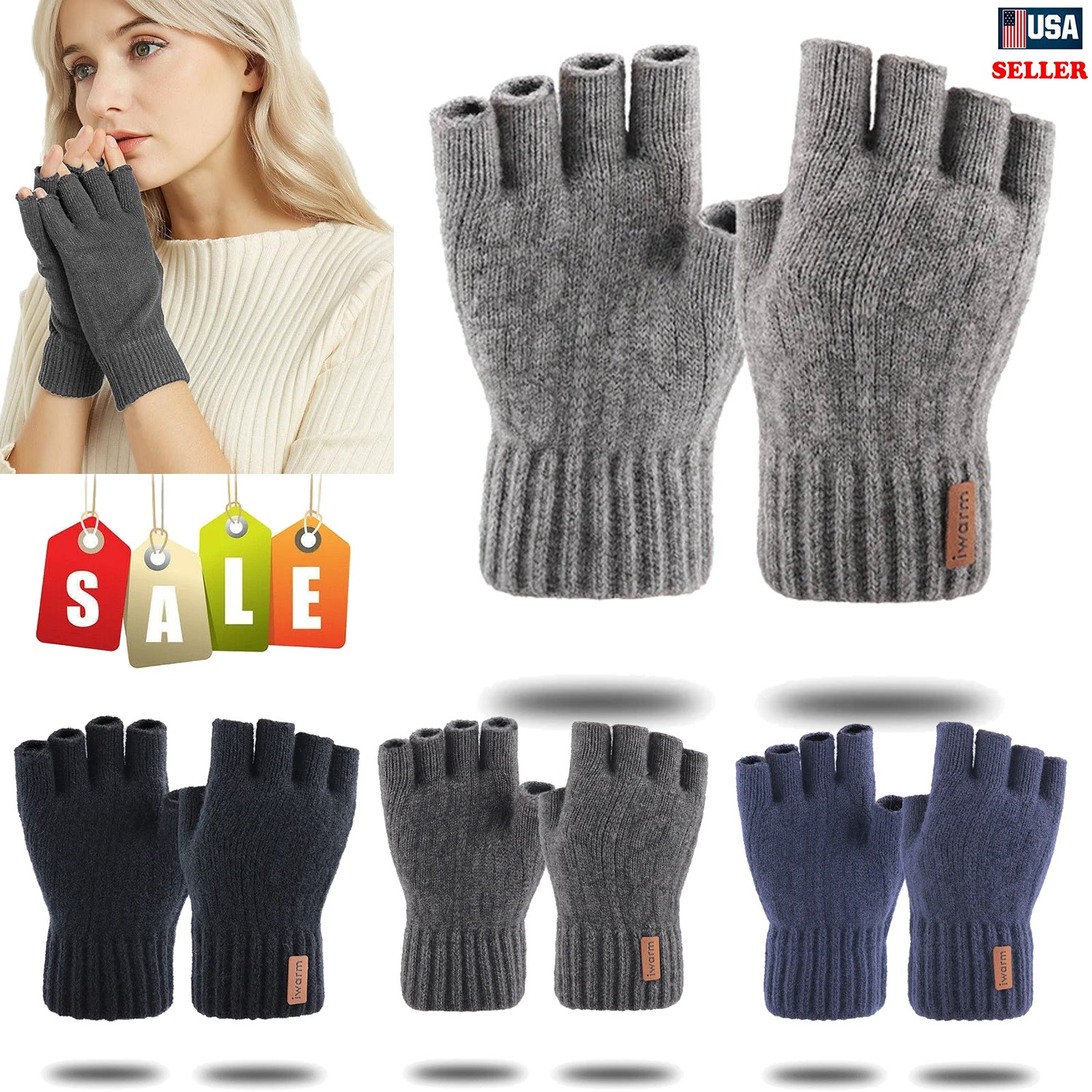 Fingerless Gloves for Women Men, Winter Warm Alpaca Wool Stretch Knit Half Finge