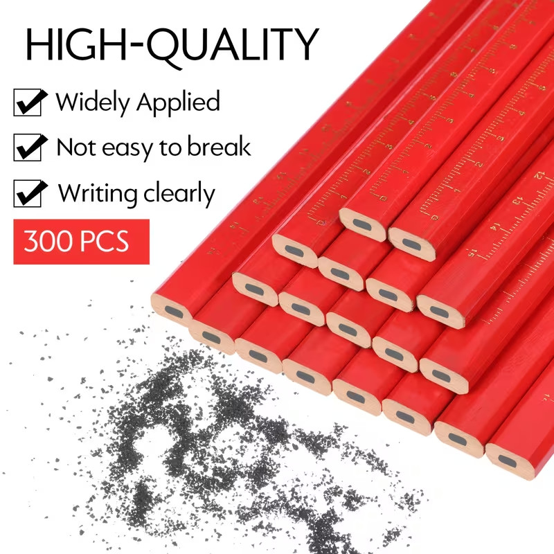 300pc Bulk Carpenter Pencils 7" Red Octagonal Marking w/ Ruler
