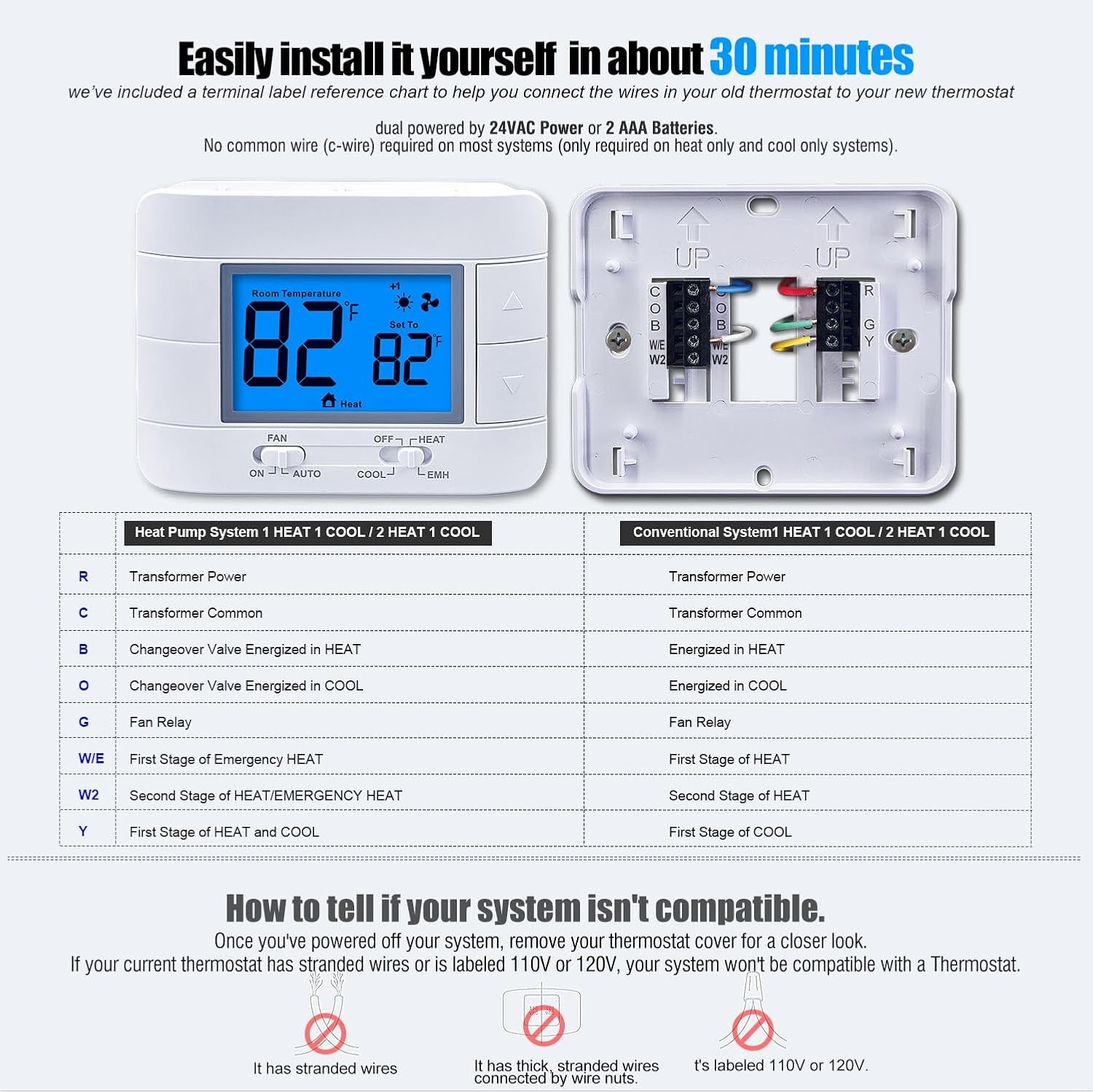 Thermostat Non Programmable Heat Pump for House Blue Backlight