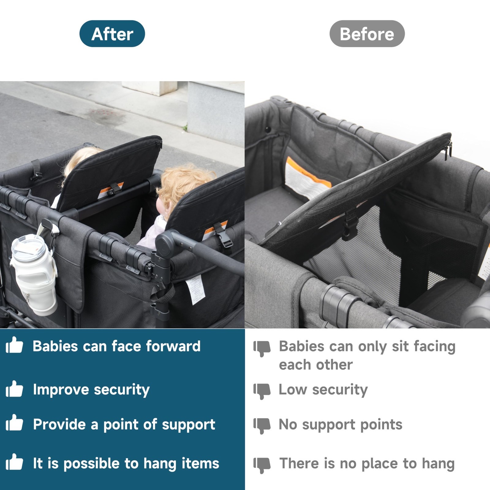 Stroller Wagon Support Bar for 4-Seater, Forward-Facing Bus-Style Seating, Easy