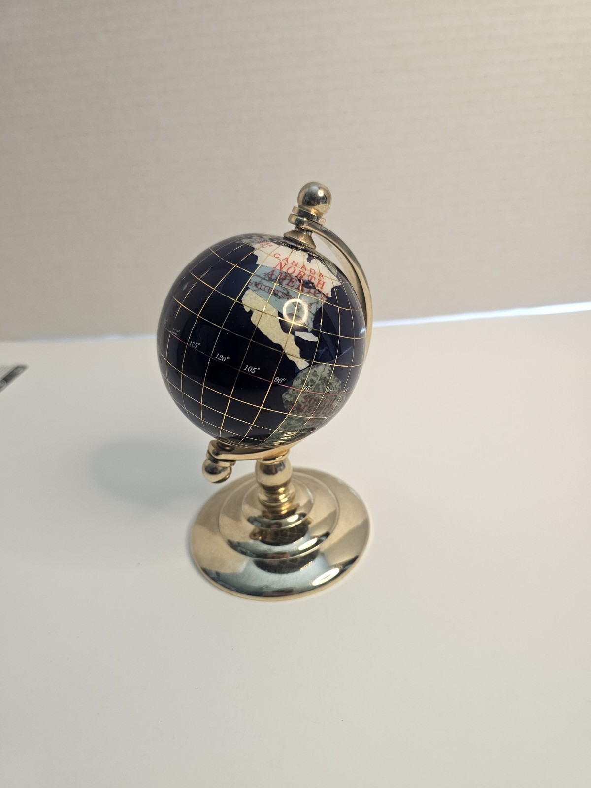 Inlaid Gemstone Lapis Lazuli Brass Desk Accent World Globe 6 Inch Tall