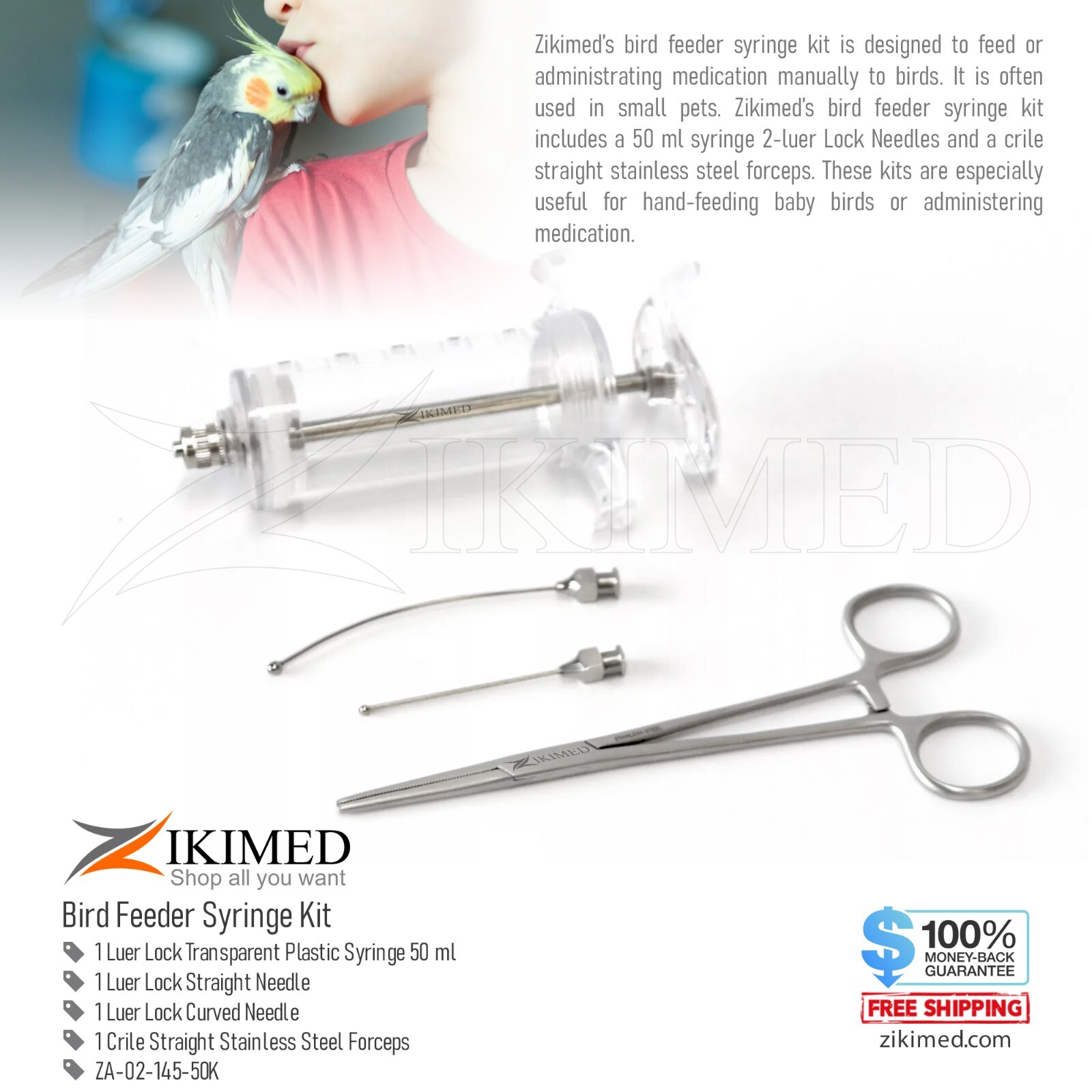 Bird or Poultry Feeder Syringe, 2-Needle & Forceps Stainless Steel 4-Piece Kit