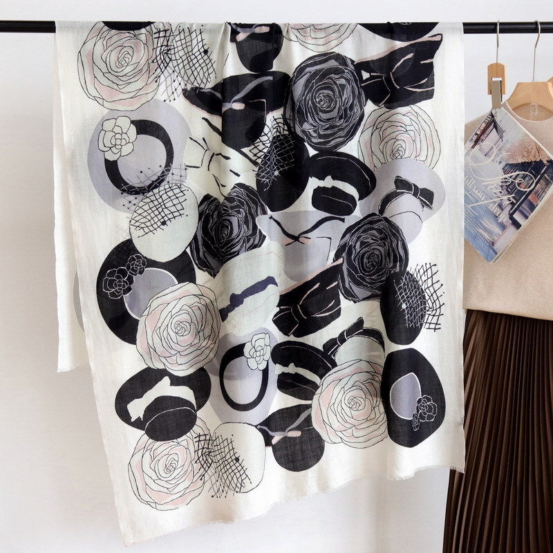 Sallys Cashmere Ring Scarf Wrap Shawl Camellia Print Thin Soft Delicate 78"*39"