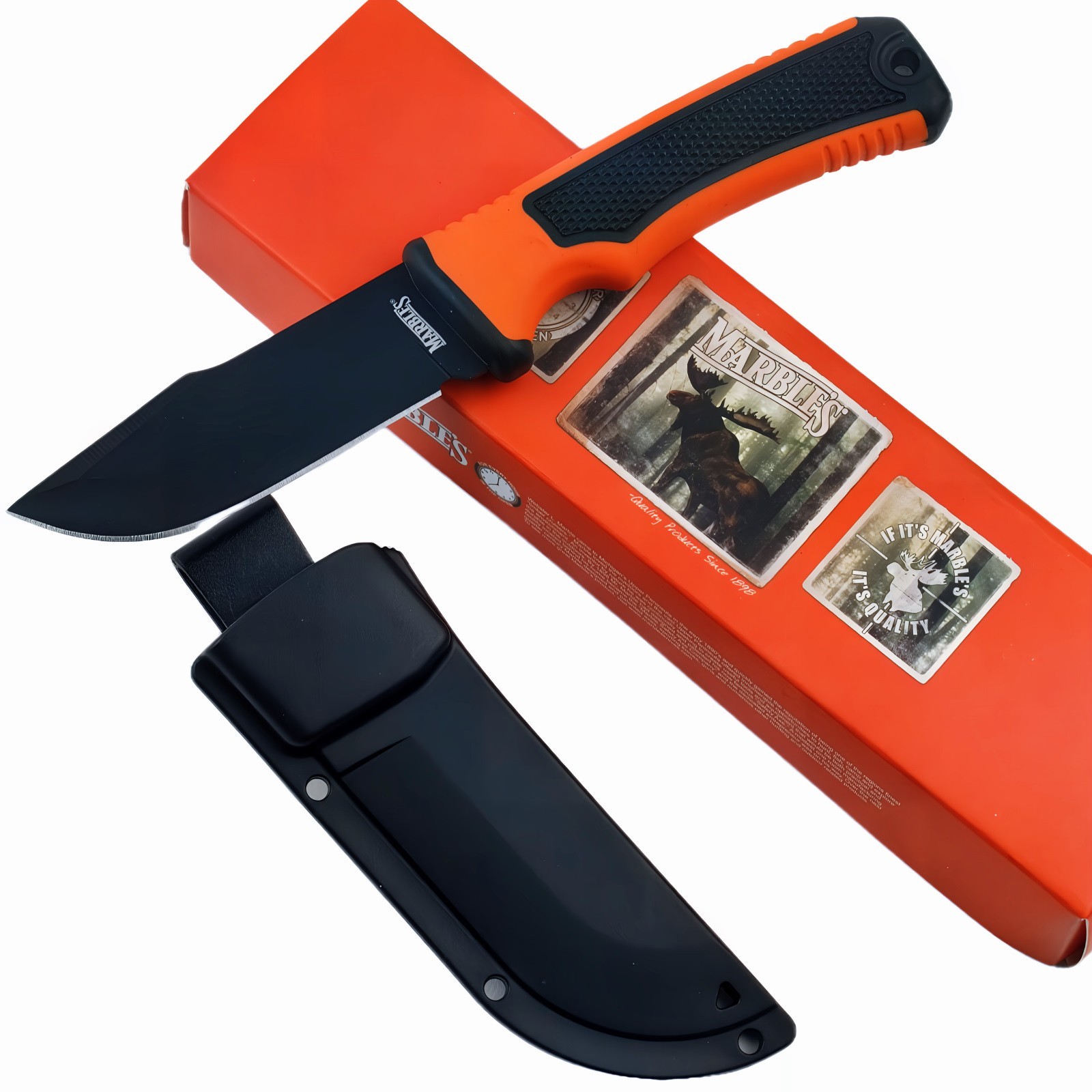 Marbles Orange and Black Fixed Blade Knife Hunting Camping with Sheath