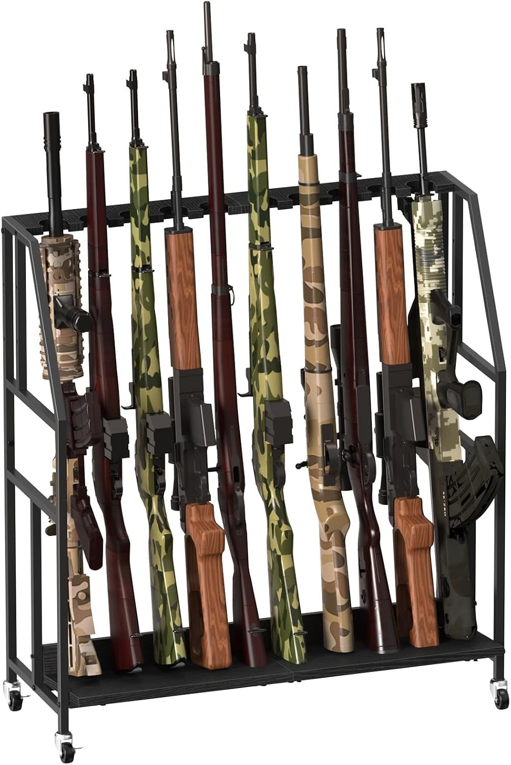 Gun Racks, 32W Rifle Rack with Metal Frame and Wheels, Wooden Adjustable Shotgun