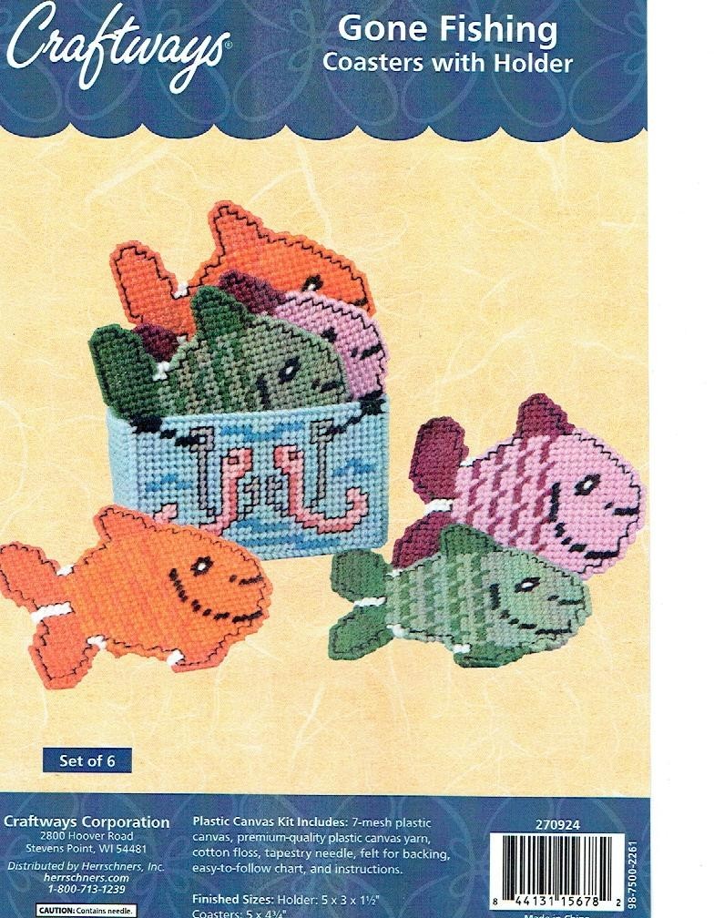 GONE FISHING COASTERS & HOLDER  7ct plastic canvas  PATTERN  (#TF0302)