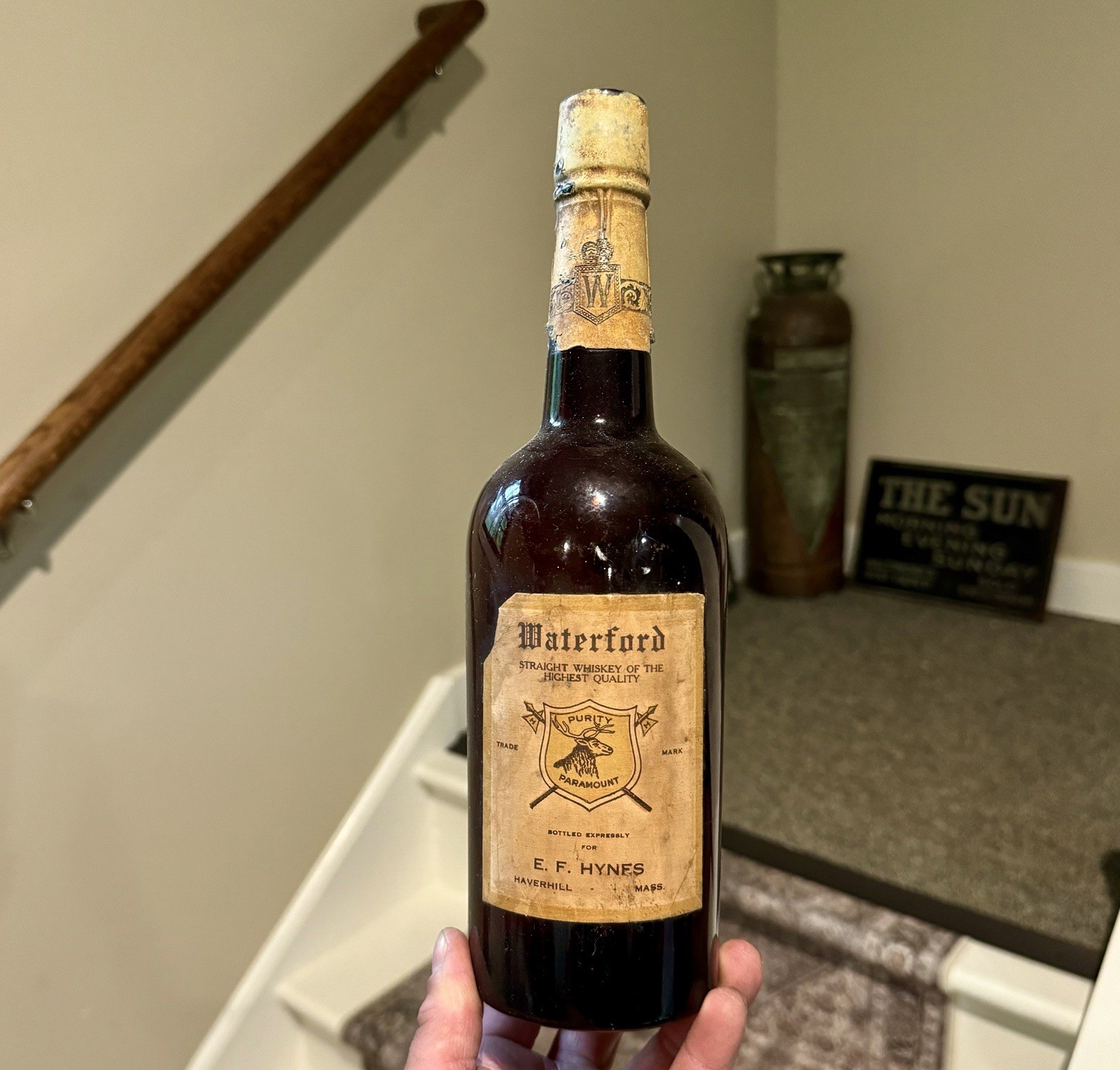 Waterford Straight Whiskey E F Hynes Haverhill MA Rare Labeled Pre-Pro Bottle