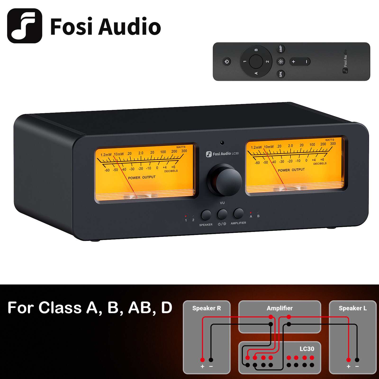 LC30 2-in-2 Out Amplifier Speaker Switcher Dual Analog VU Meter Box Class A,AB,D