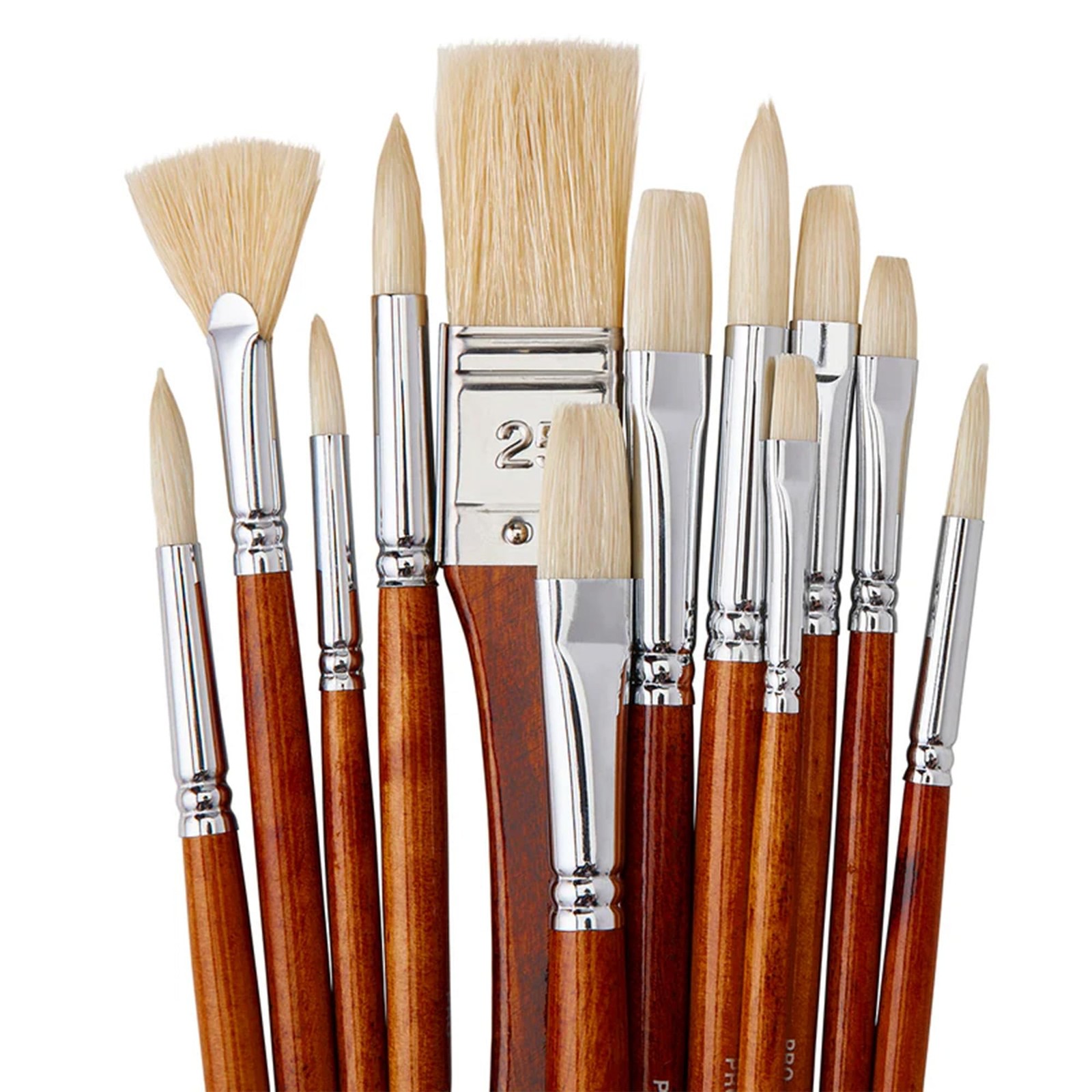 KINGART 12-Piece Long Handle White Hog Hair Artist Paint Brush Set, Perfect f...