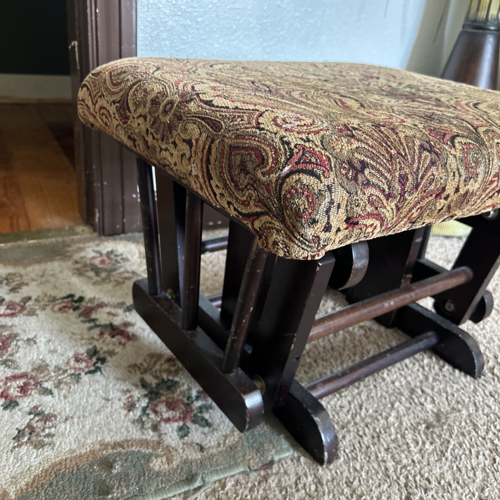 Wood Footstool- Vtg Rocking Floral Tapestry Upholstered Padded Wooden Stool