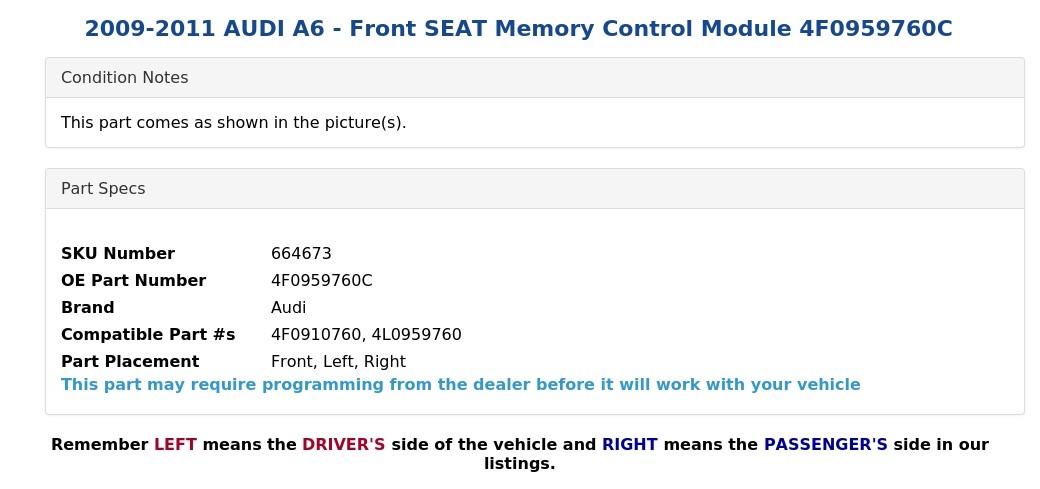 2009-2011 AUDI A6 - Front SEAT Memory Control Module 4F0959760C