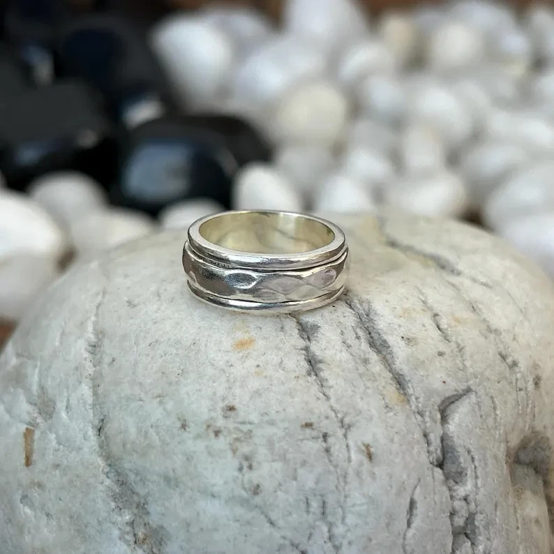 925 Sterling Silver Hammered Wide Band Ring Unisex Statement Jewelry All Size