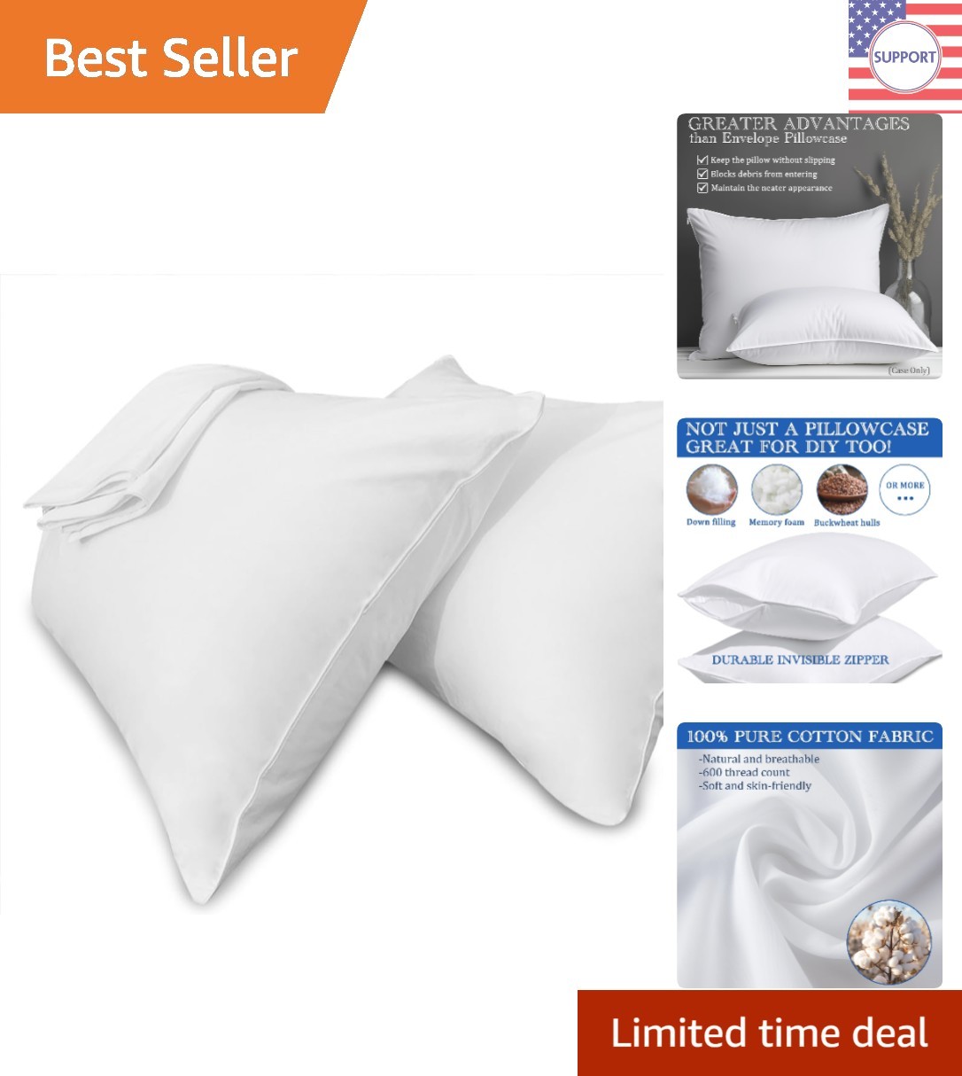 800 TC White Pillowcases - Soft Cotton with Zippered Closure Set of 2