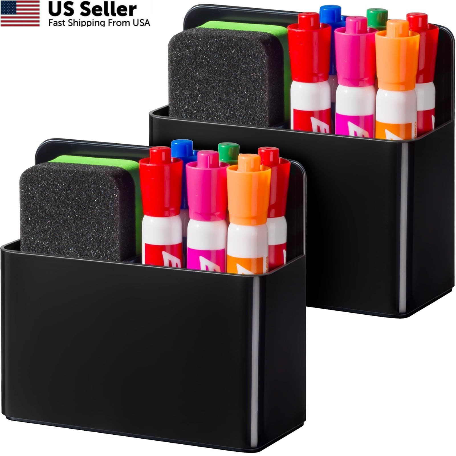 BEYGORM 2 Pack Plastic Magnetic Pen Holder for Refrigerator, Dry Erase black