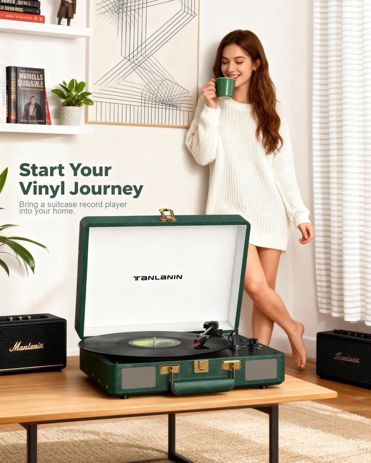 Vintage 3-Speed Bluetooth Record Player, Portable Suitcase Turntable with Bui...