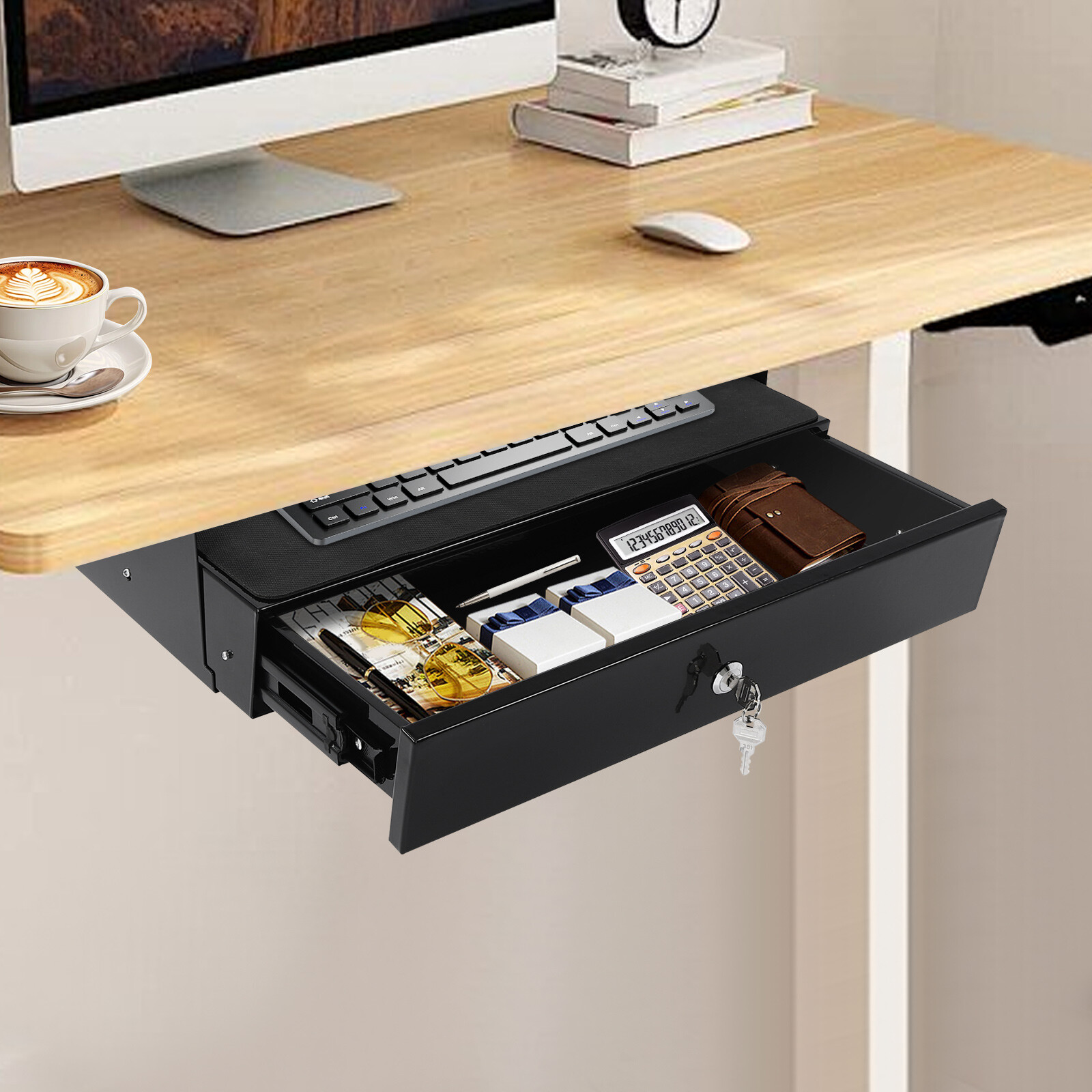 Under Desk Sliding Pull-Out Drawer With Computer Pad & Lock Black