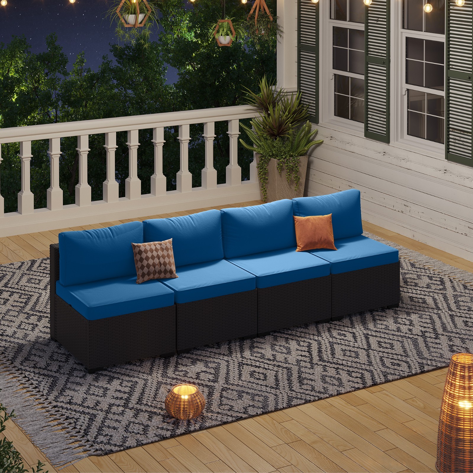 4-Piece Black Rattan Patio Sofa Set Peacock Blue Cushions