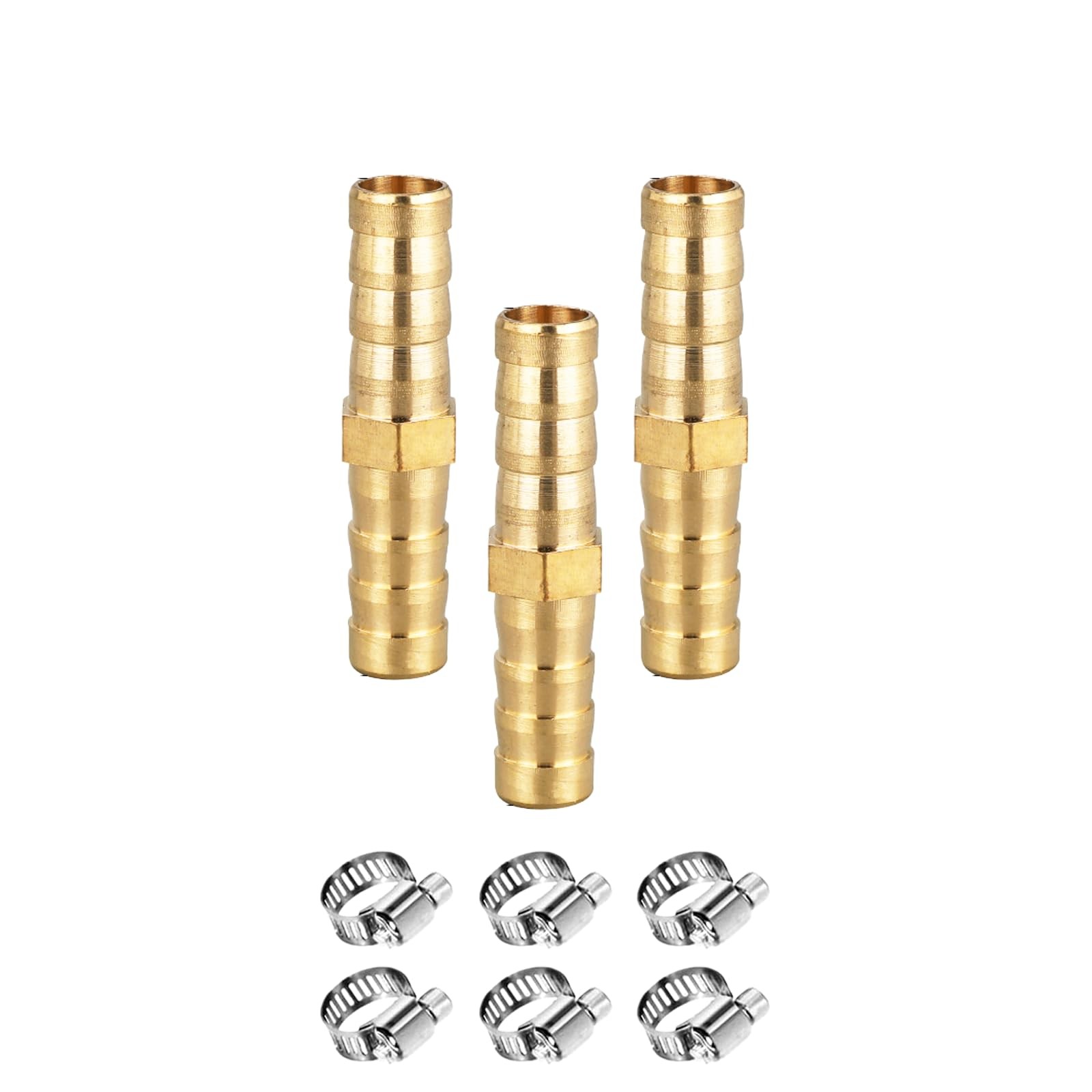 Hose Barb Fitting 3 Pack 5/8 Hose ID Hex Union Brass with 6 Clamps