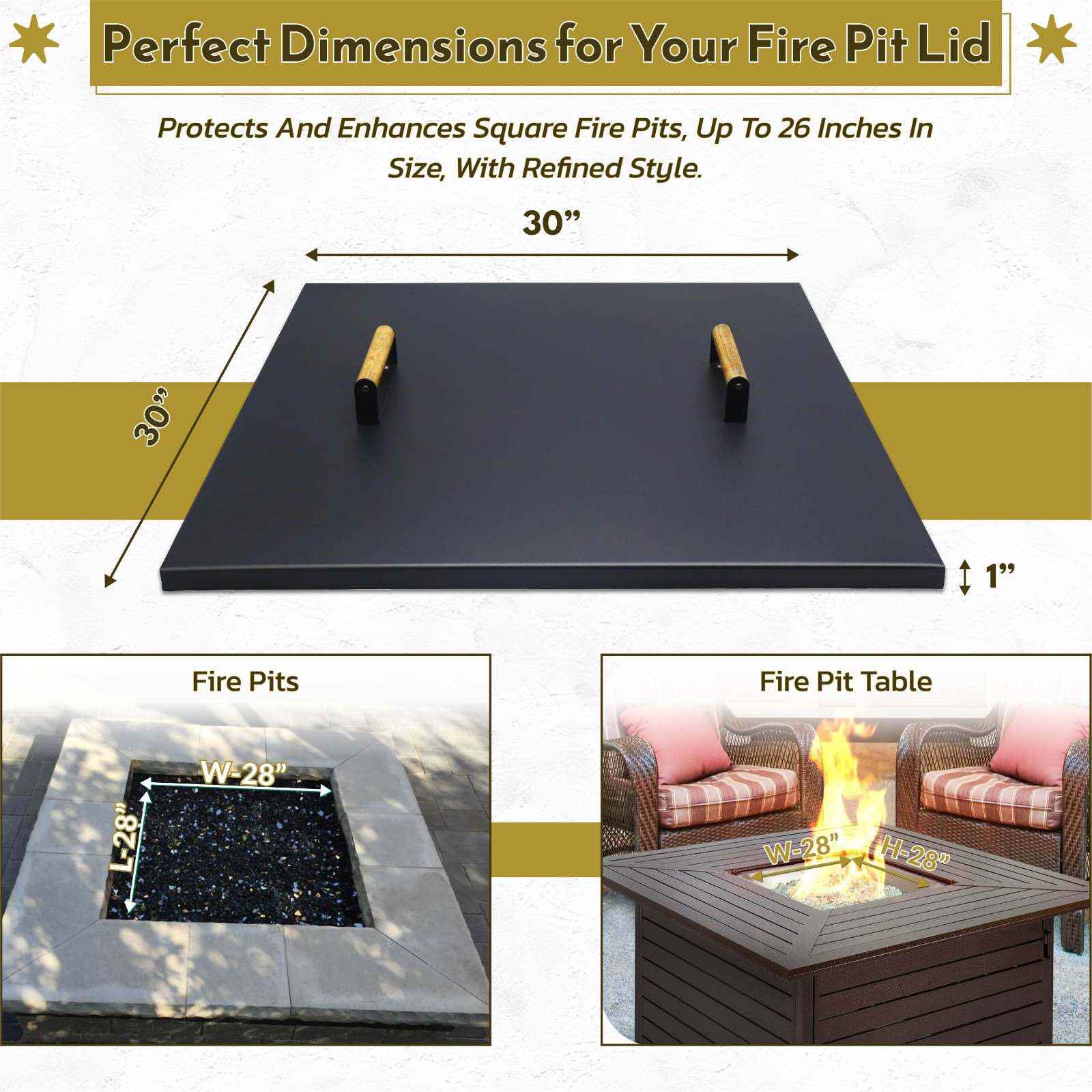 FEBTECH 30" Square Fire Pit Snuffer Lid for 28" FirePit with Wooden Handles
