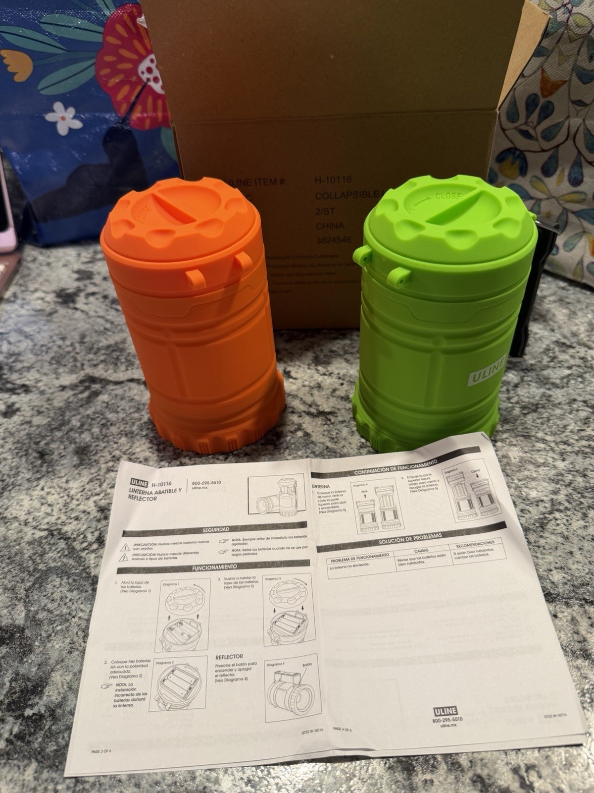 Uline H-10116 Collapsible Lantern and Spotlight Set Neon Green Orange 2 Pack