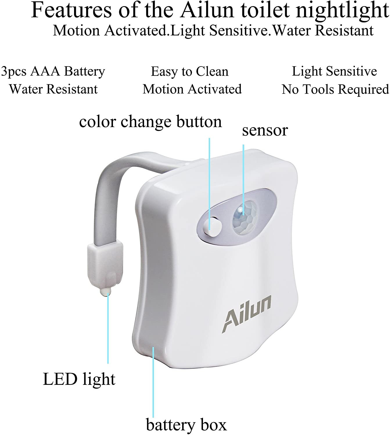 3 Pack Toilet Night Light Motion Sensor Activated LED Light 8 Colors Changing