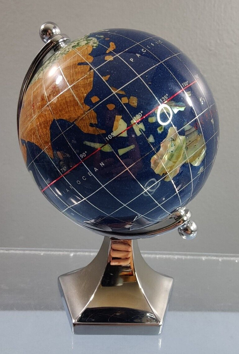 MINIATURE DESK TOP GEMSTONE INLAY WORLD GLOBE STAND 5.5" TALL BLUE SPINS & WORKS