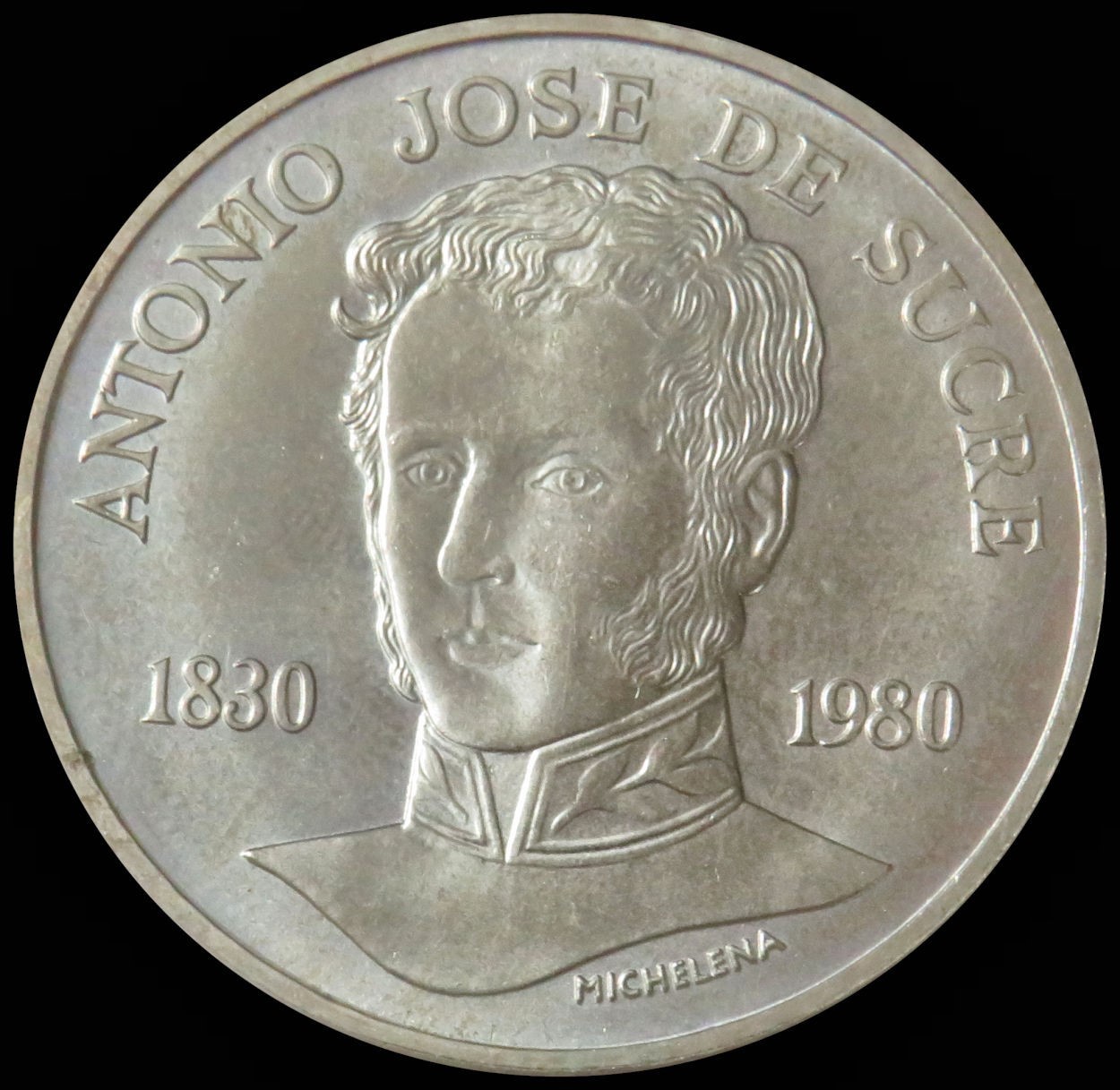 1980 SILVER VENEZUELA 75 BOLIVARES SUCRE DEATH SESQUICENTENNIAL MINT STATE COIN
