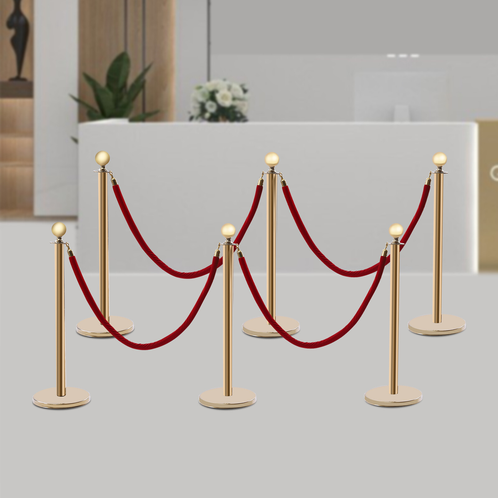 6Pcs Golden Stanchion Posts with 4 Velvet Ropes Crowd Control Queue Pole Barrier