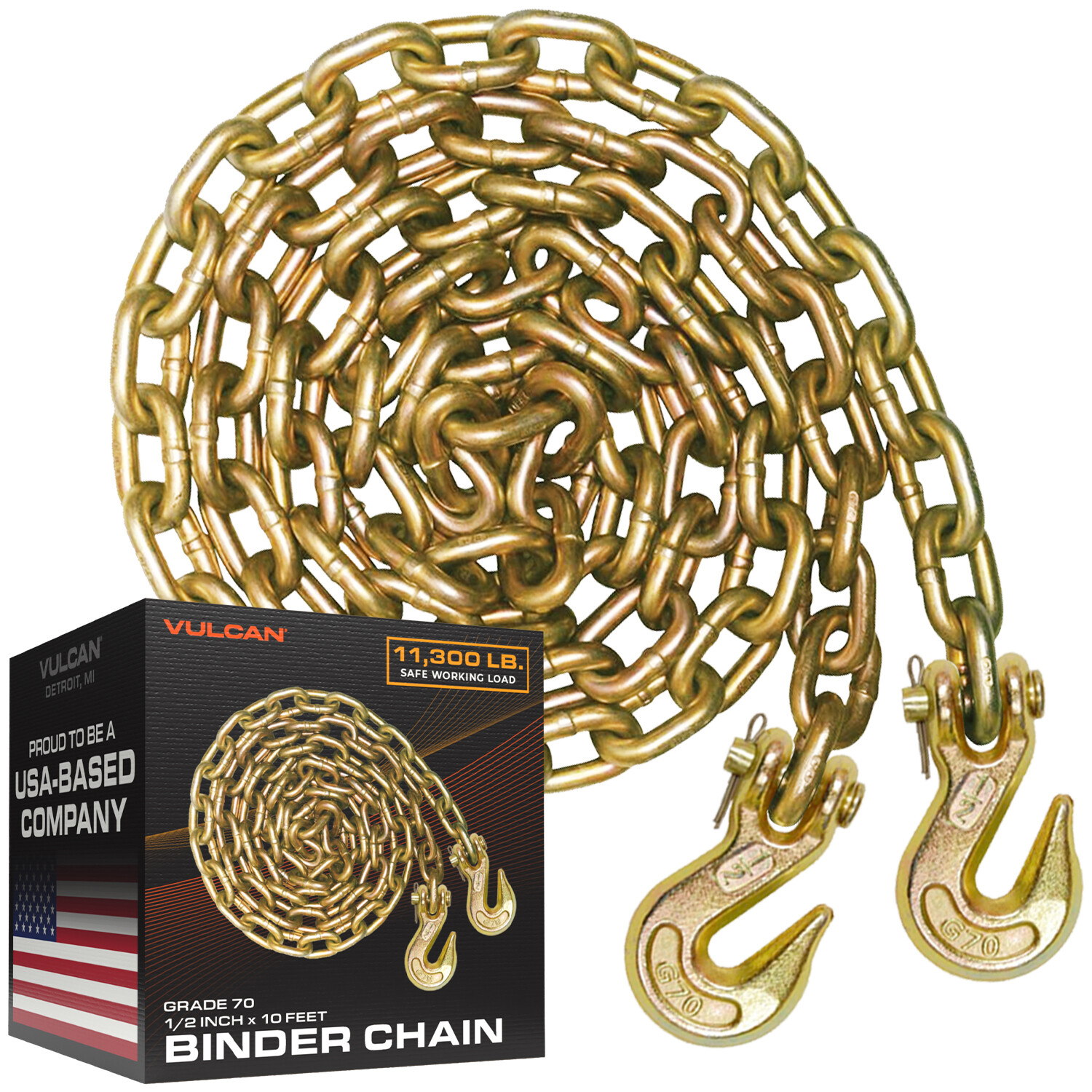 VULCAN G70 Safety/Binder Chain - Grab Hooks - 1/2" x 10' - 11300 lbs SWL