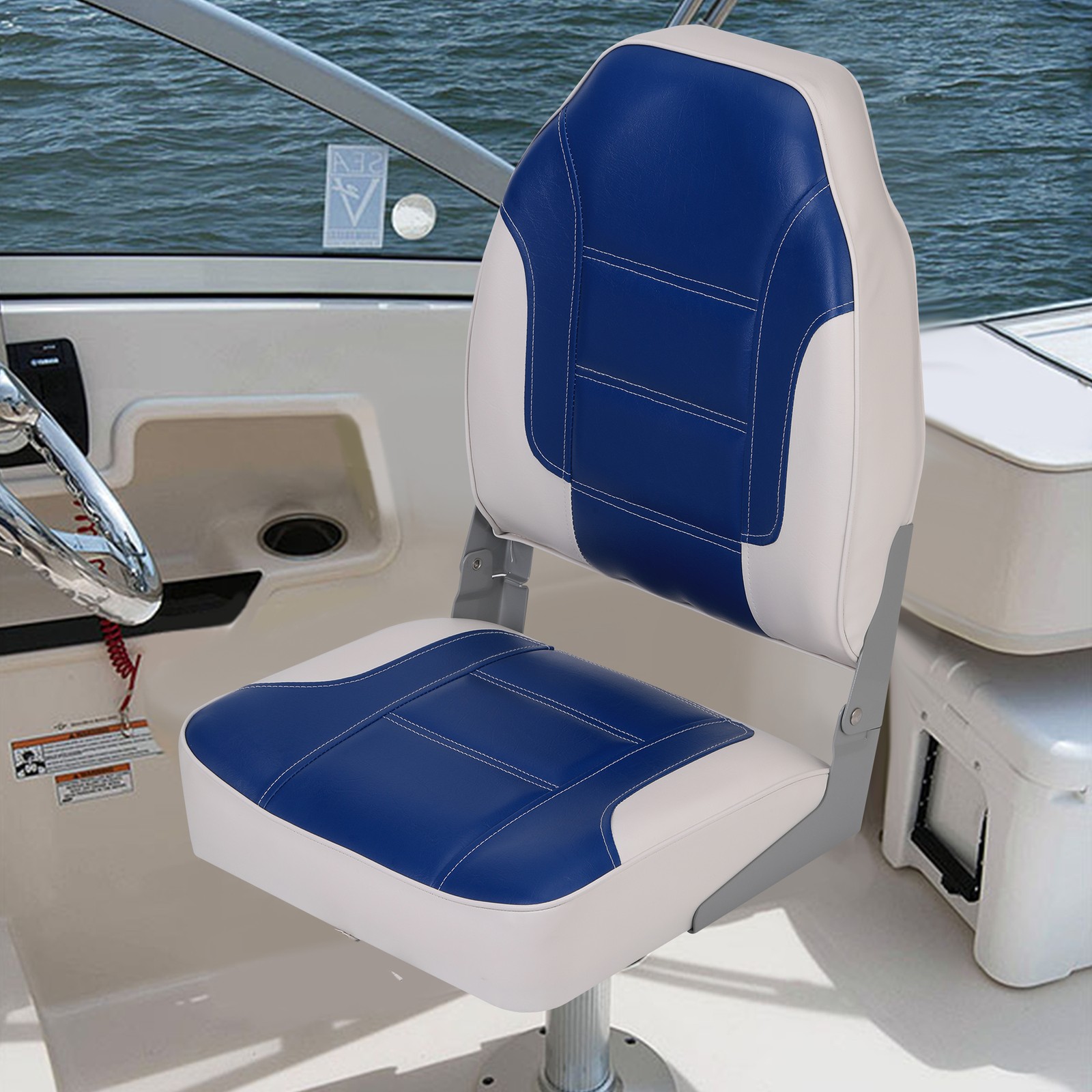 Garvee 2 Pack High Back Folding Boat Seats Thick Sponge Padding PVC Blue White