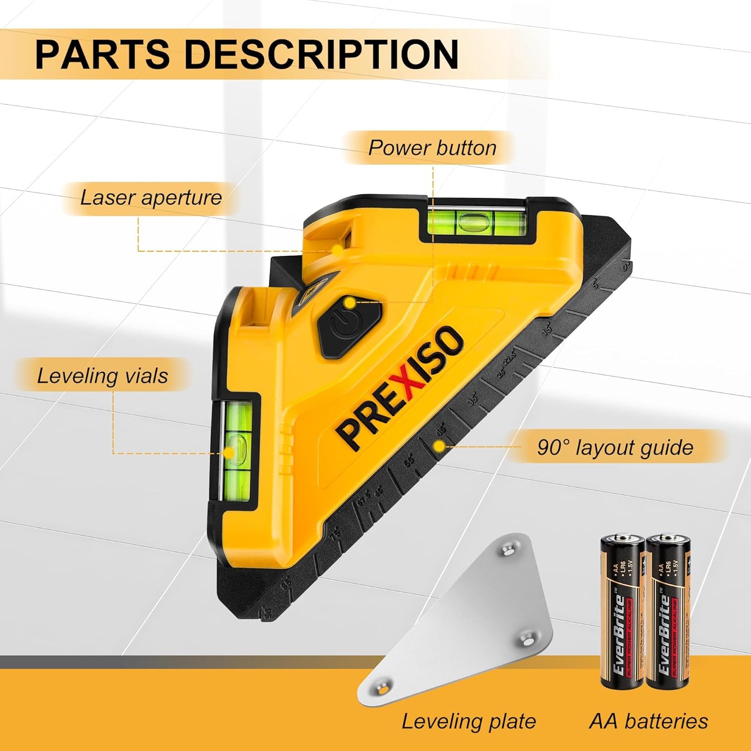 PREXISO 30Ft Magnetic Square Laser Level 90° Tile Line with 2 Bubble Vials USA