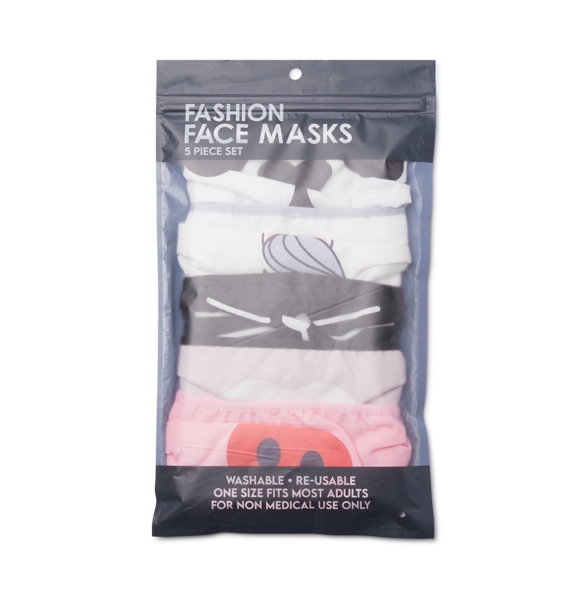 5-Pack Fashion Critters Face Masks  - Washable Reusable • Adult One Size