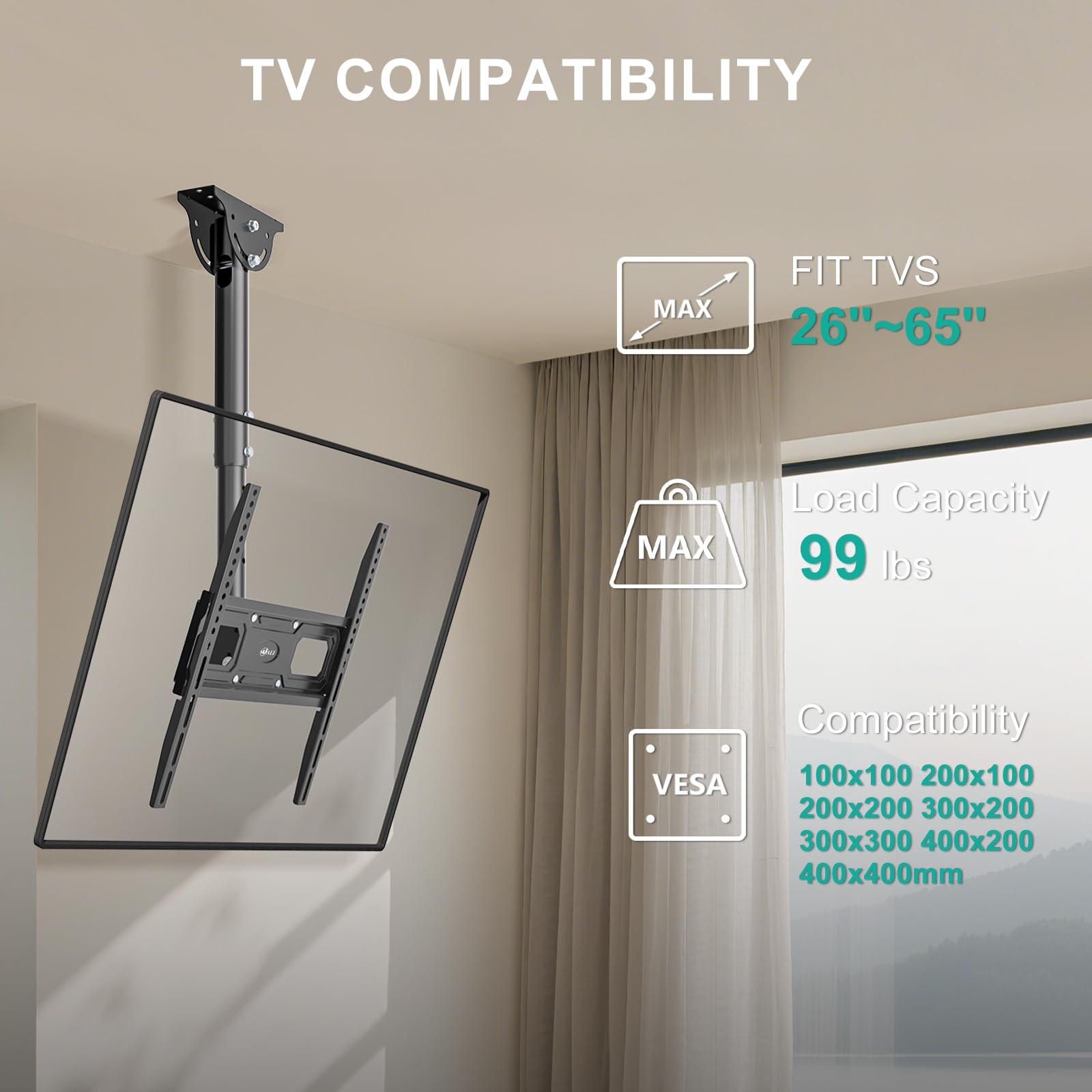 Ceiling TV Mount 26-65 Inch Screens Full Motion Bracket VESA 400x400 Adjustable