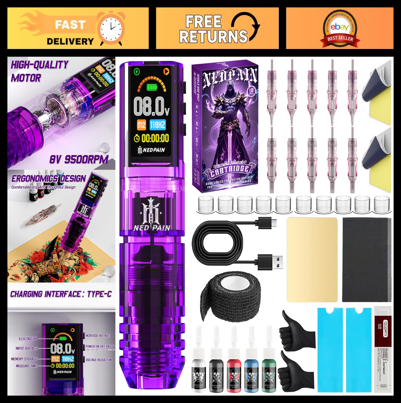 Adjustable Wireless Tattoo Pen Kit, 1.47" Screen, 1600mAh, 10V, 10000 RPM, Pro E