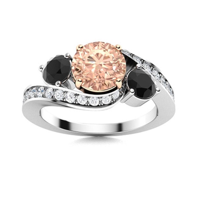 5MM Round Morganite & Black Spinel Three Stone Wedding Ring 925 Sterling Silver