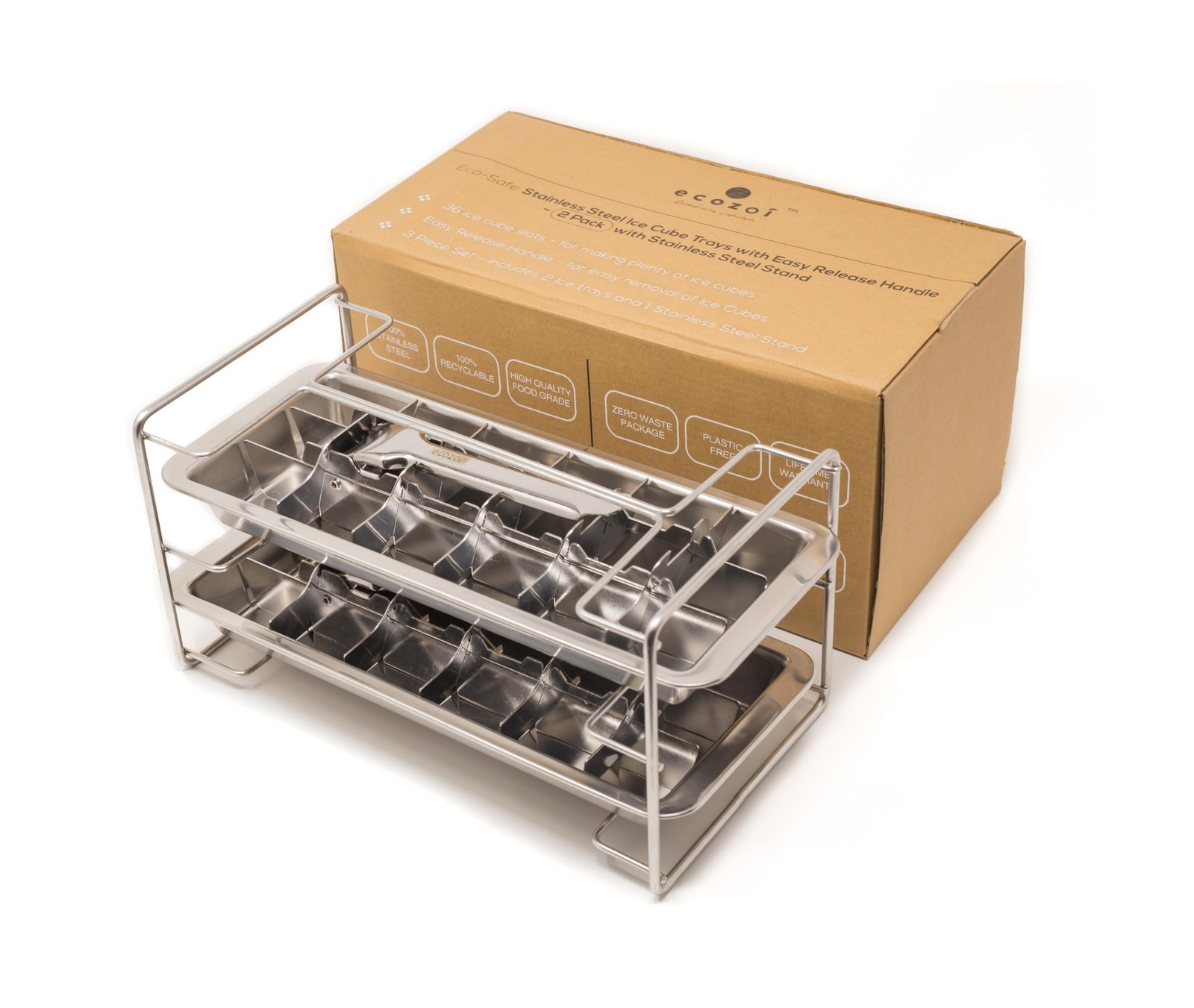 Stainless Steel Ice Cube Tray - 2 Pack of 18-Slot Metal Ice Cube Trays with E...