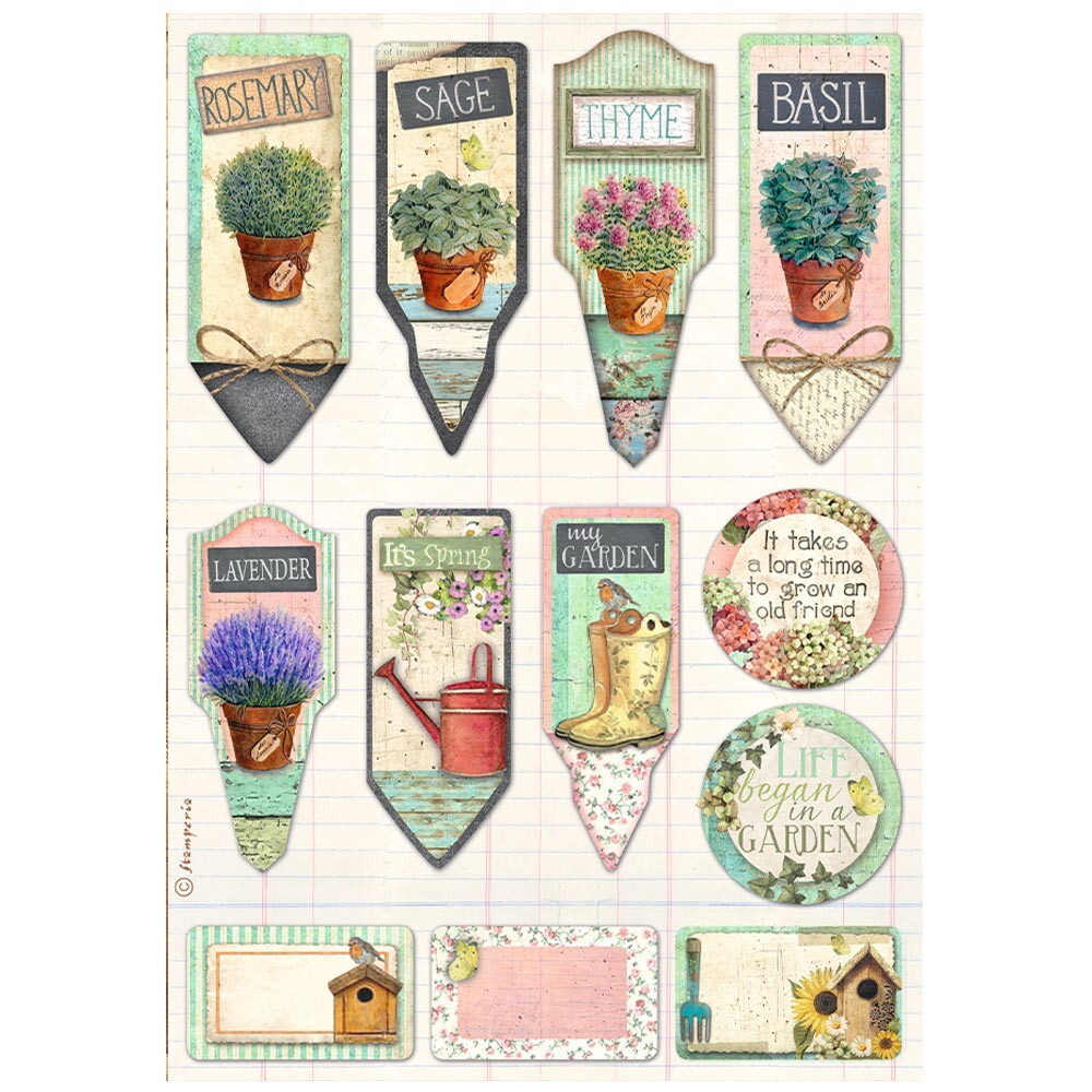 Stamperia A4 RICE PAPER - GARDEN -  TAGS & LABELS, Herbs, Lavender, Decoupage