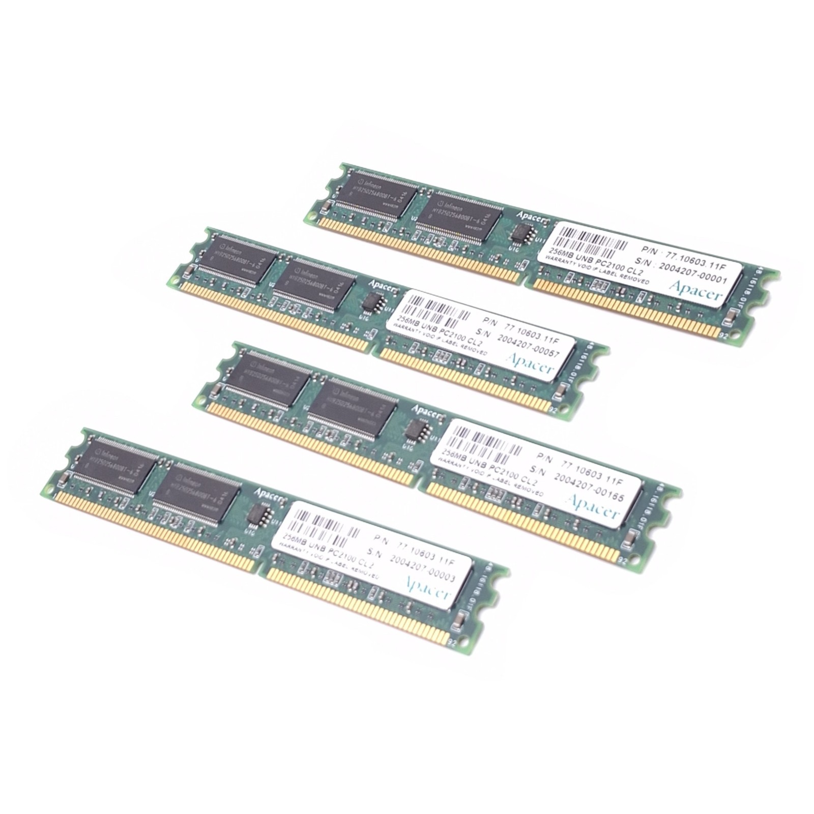 Lot of 4 Apacer 77.10603.11F Memory Modules, 256MB UNB PC2100 CL2, 184-Pin DIMM
