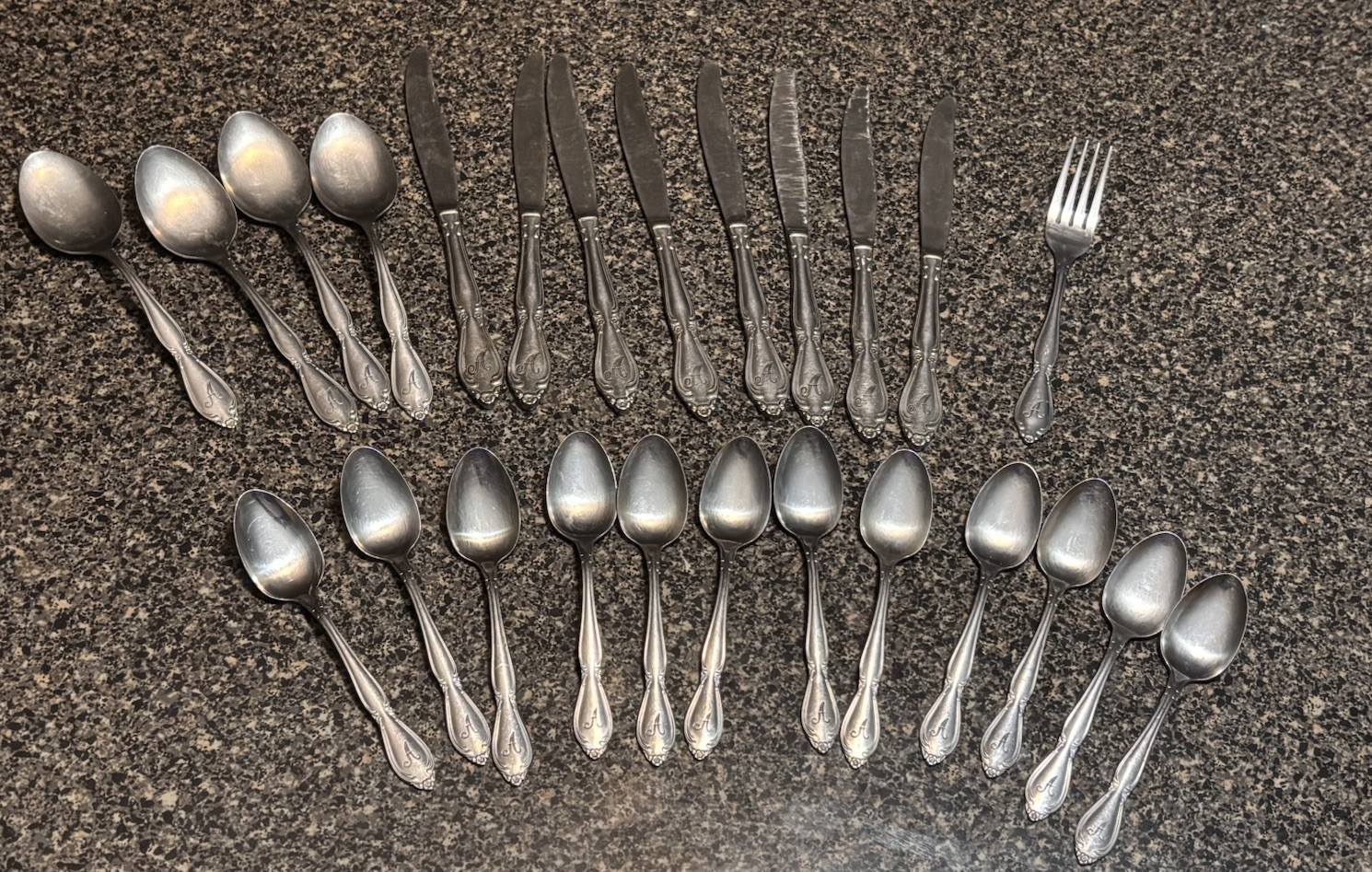 Vintage Stainless Steel Flatware 25 Mixed Pieces Korea Monogram A CUS11 1960’s