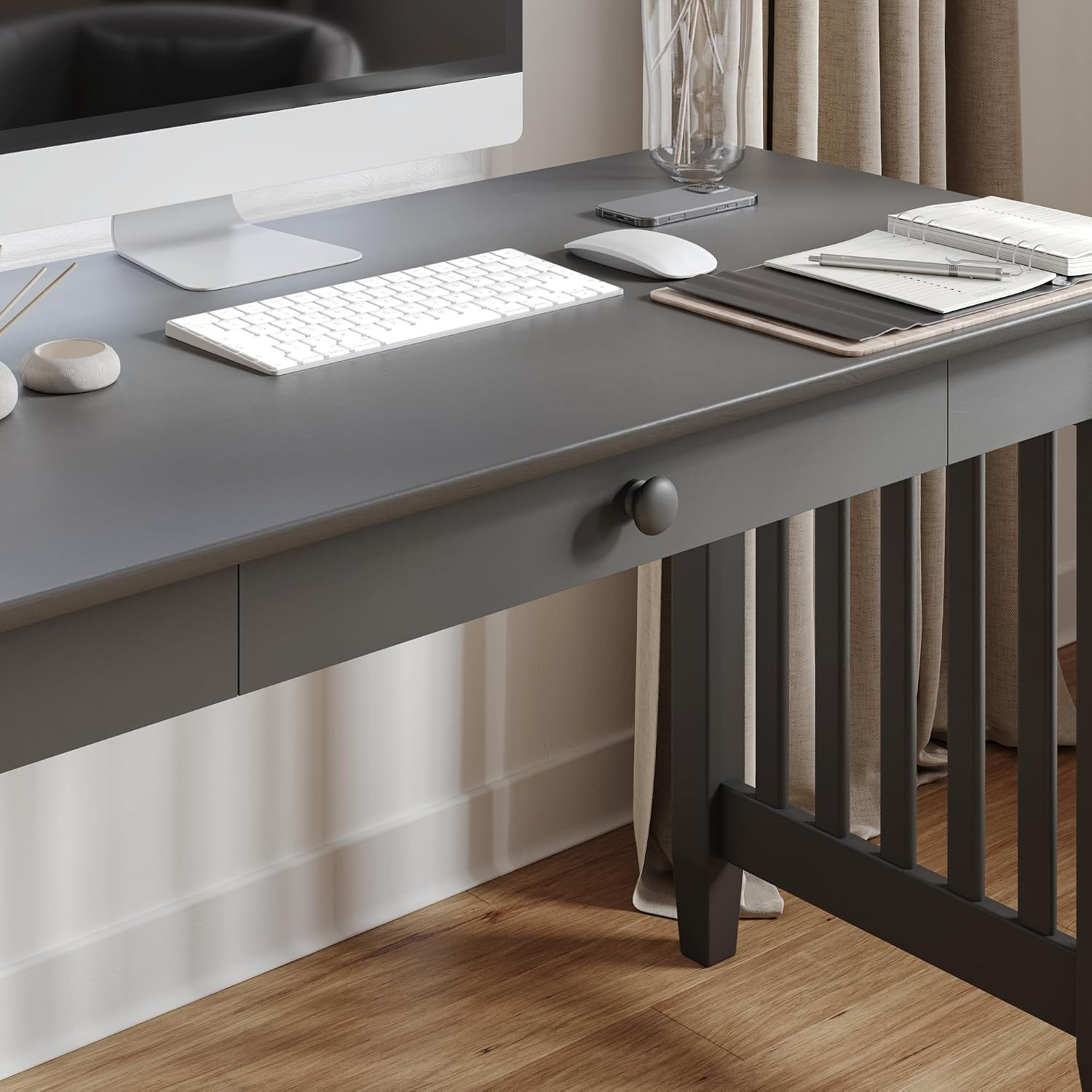 , Mission Solid Wood Writing Desk with Drawer, Grey